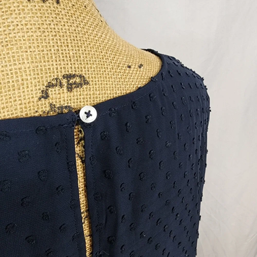 J.CREW Size 12 Navy Blue French Dot Pleated Ruffle Sheer Sleeve Keyhole Blouse‎